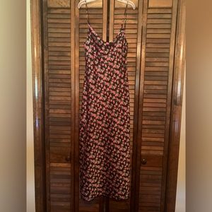 Silk flower print long dress with slit cowl neck